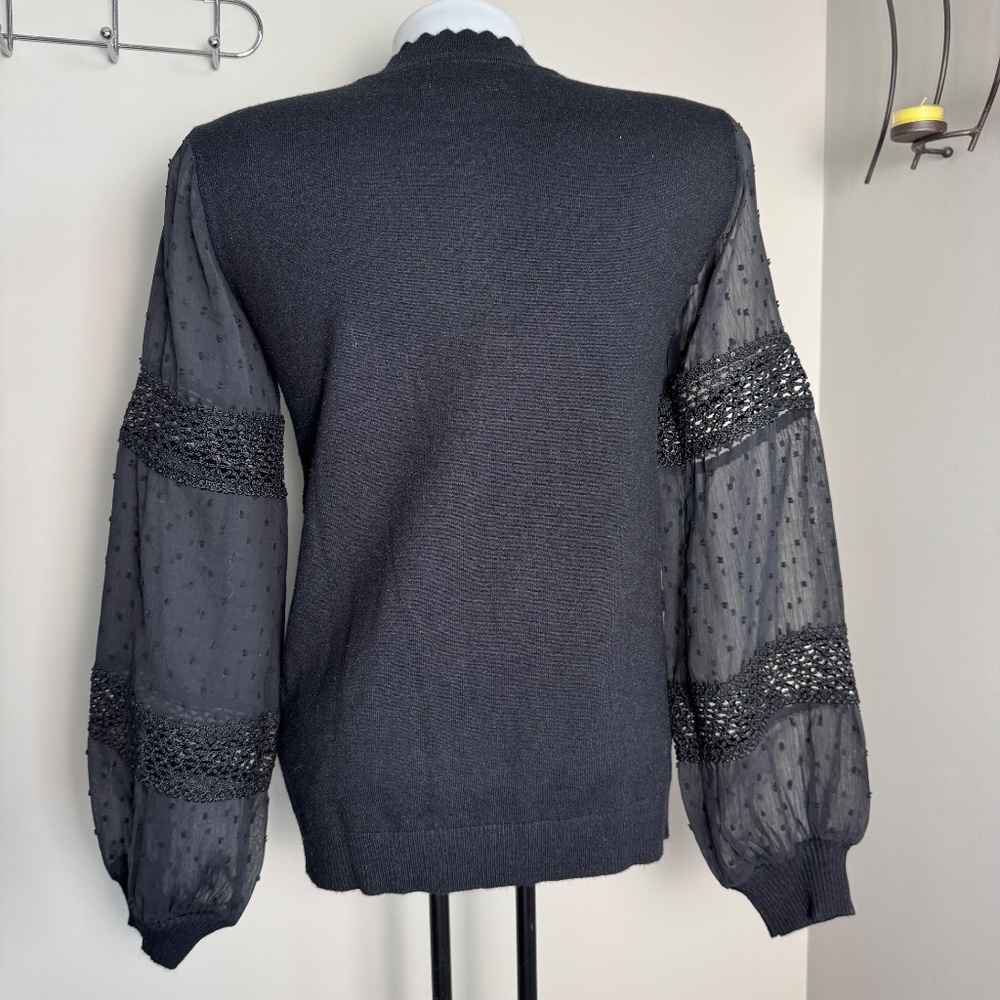 Leo & Ugo Paris Mock Neck Textured Lightweight Sweater Top Sheer Arms Black 4 - Picture 6 of 16